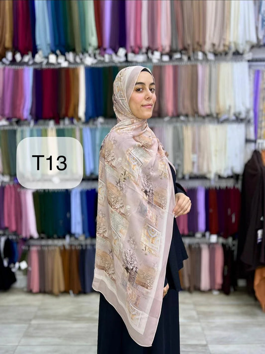 الطرحة الديجيتال المشجرة - كريب شيفون مستورد (200×75 سم) - طرحة ديجيتال نقشة T13